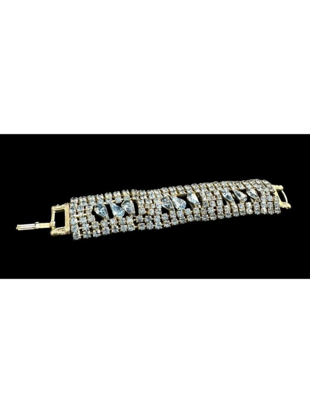 Bracelet Vintage Blue Wide Round Marquis Rhinestone Statement 7 3/4 in